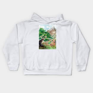 Mountain Village and old Tree Kids Hoodie